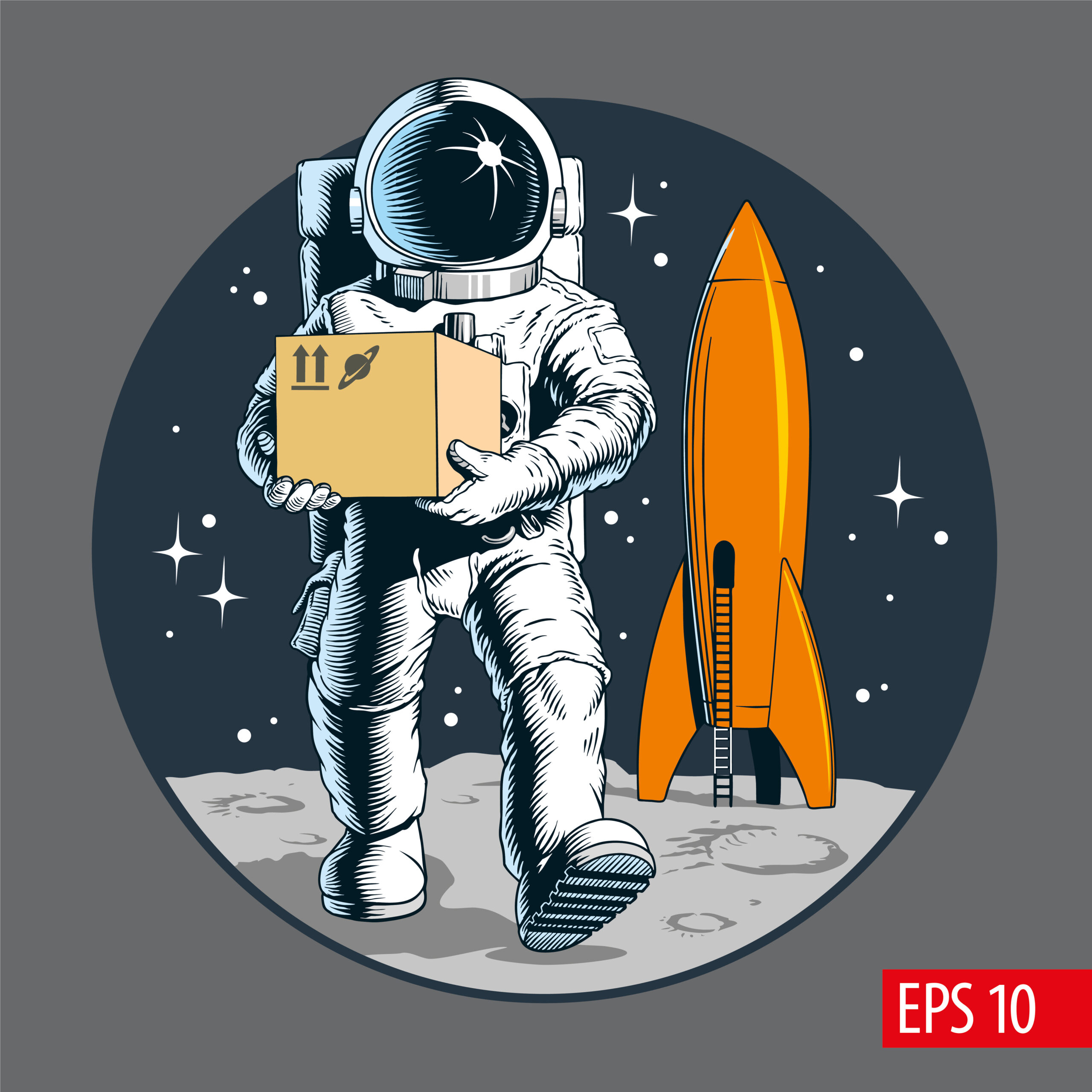 Delivery service, astronaut holding package or cardboard box. Sp